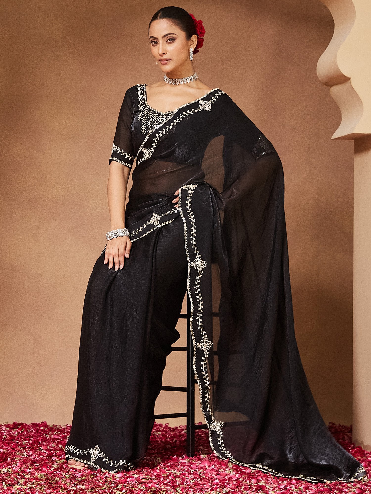 Black Party Wear Chiffon Embellished Saree
