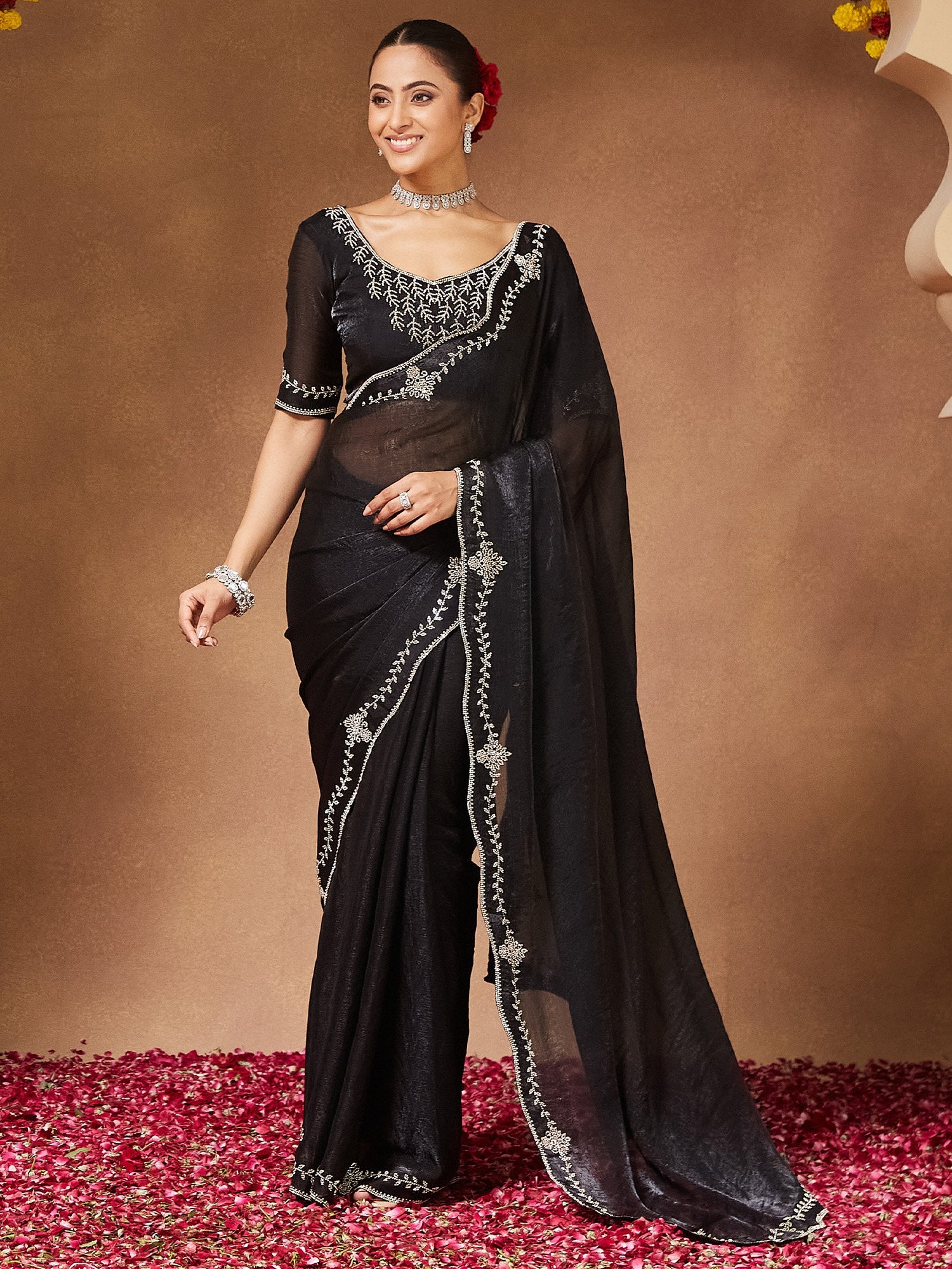 Black Black Party Wear Chiffon Embellished Saree