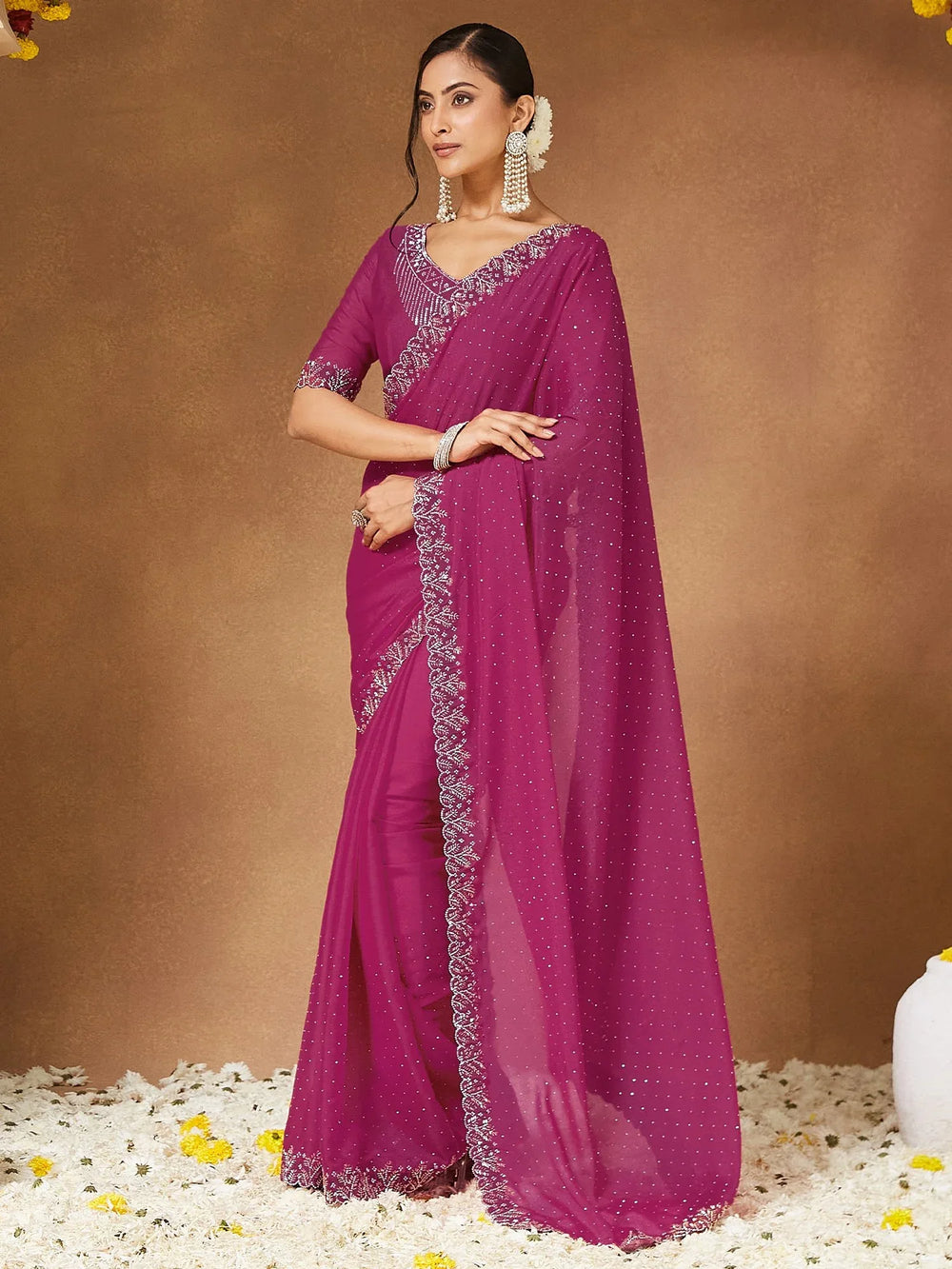 Pink Party Wear Georgette Embellished Saree - The Dori Store