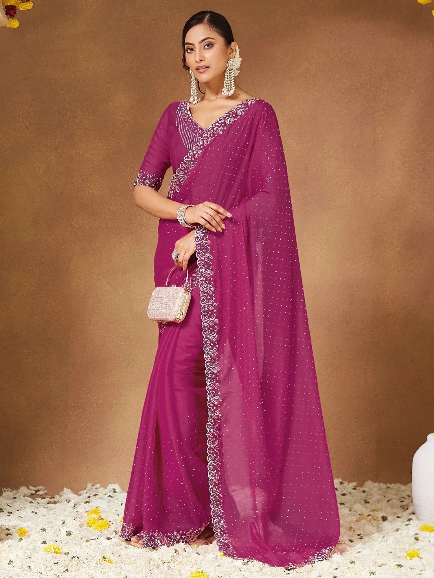 Pink Party Wear Georgette Embellished Saree - The Dori Store