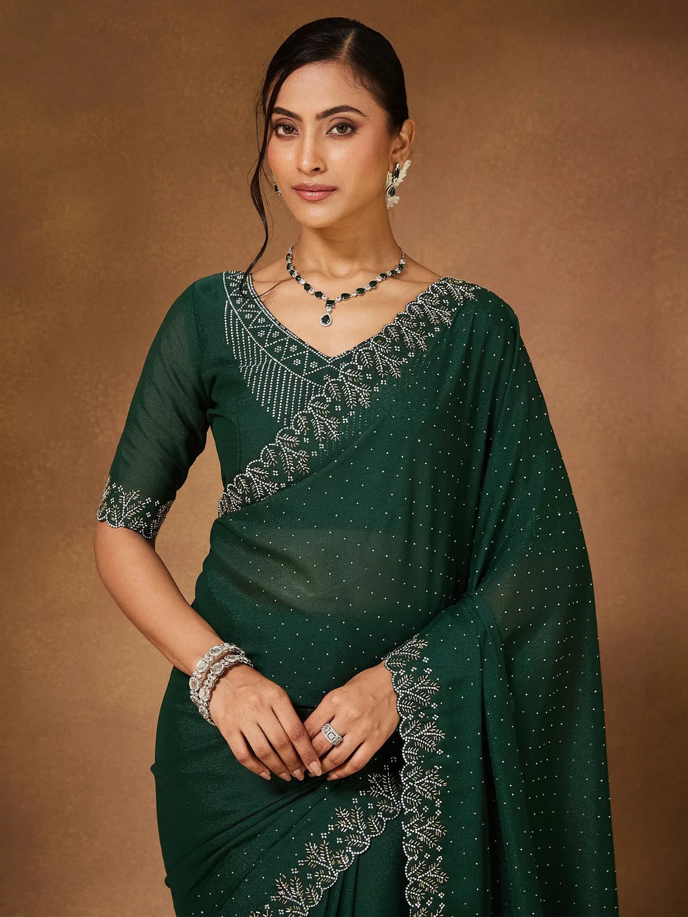 Green Party Wear Georgette Embellished Saree - The Dori Store