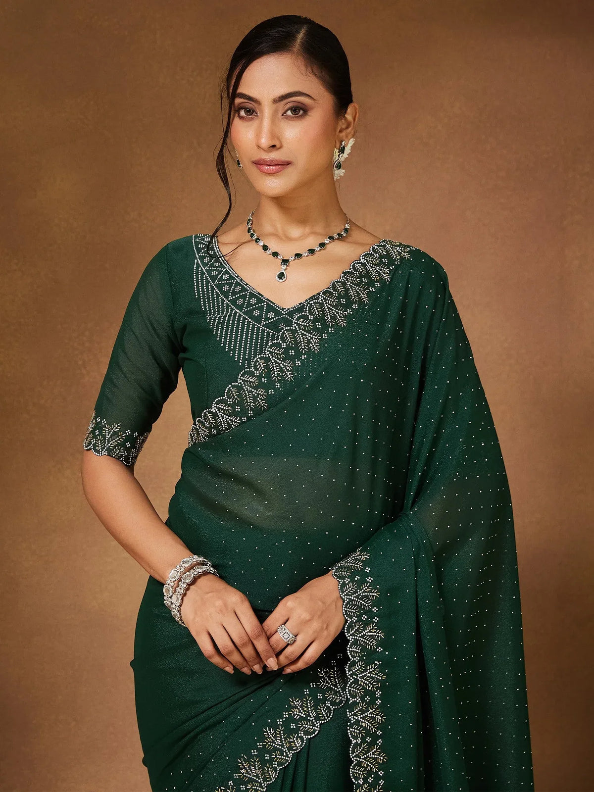 Green Party Wear Georgette Embellished Saree - The Dori Store