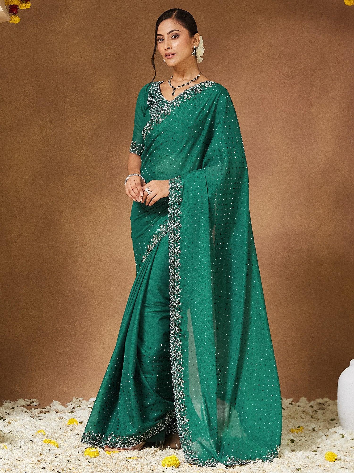 Teal Green Party Wear Georgette Embellished Saree - The Dori Store
