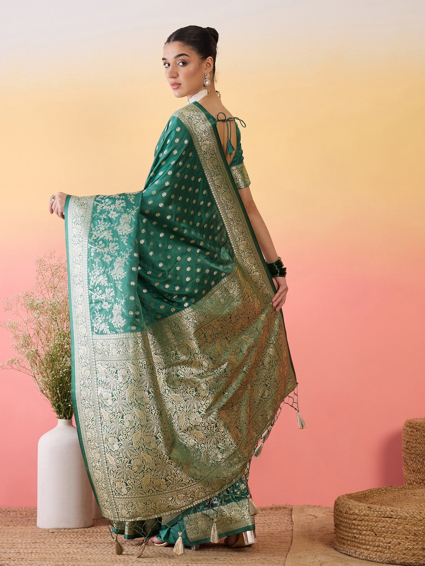 Teal Banarasi Satin Silk Woven Saree
