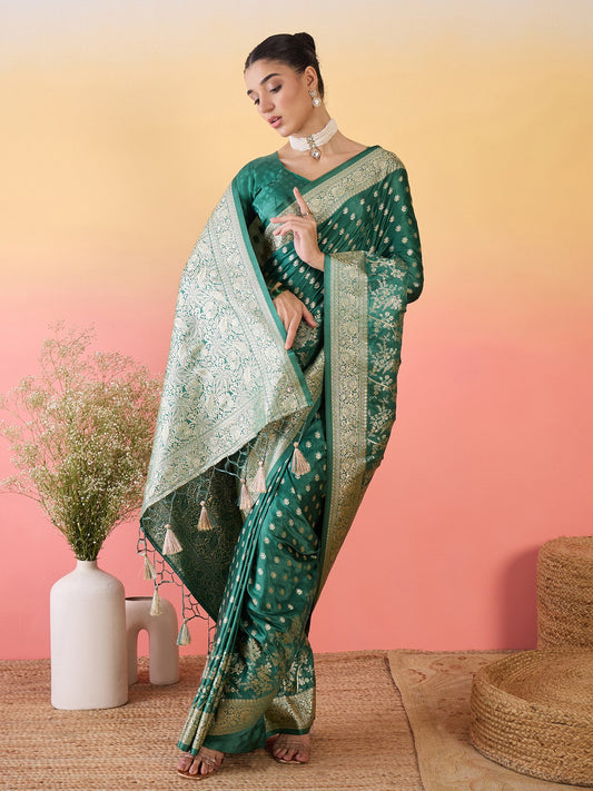 Green Teal Banarasi Satin Silk Woven Saree