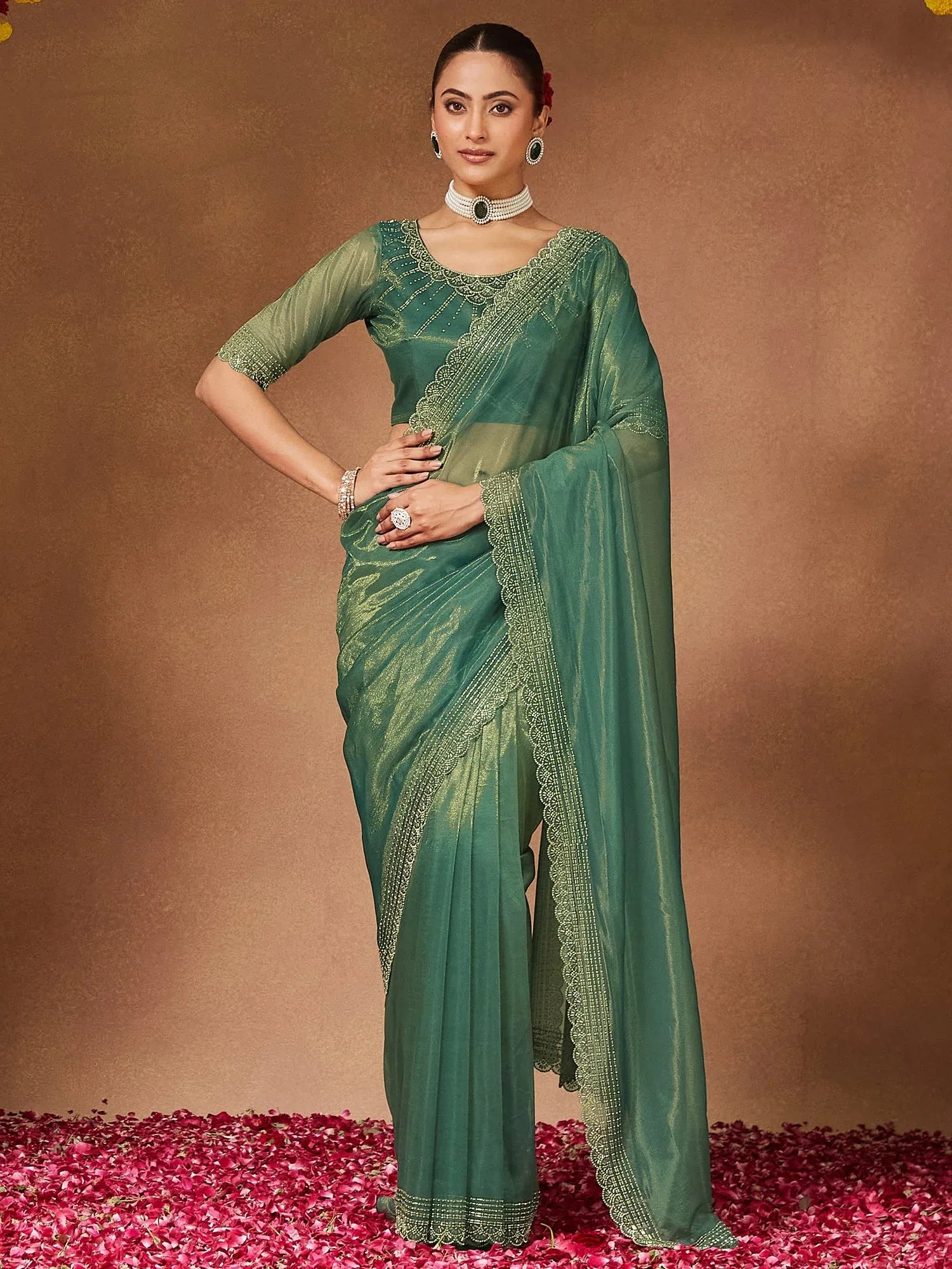 Green Party Wear Georgette Embellished Saree - The Dori Store