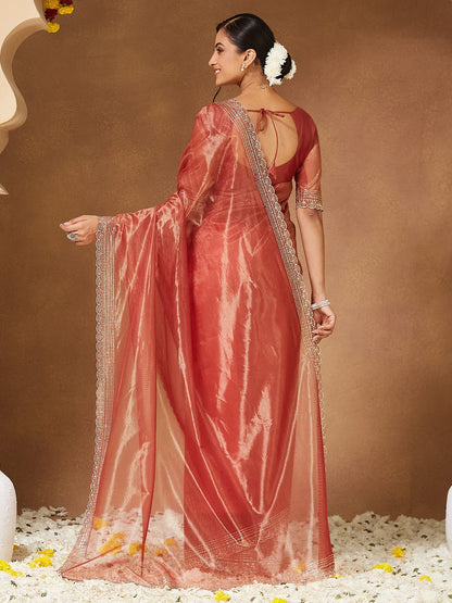 Brown Party Wear Georgette Embellished Saree