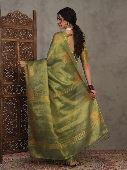 Green Banarasi Linen Woven Saree