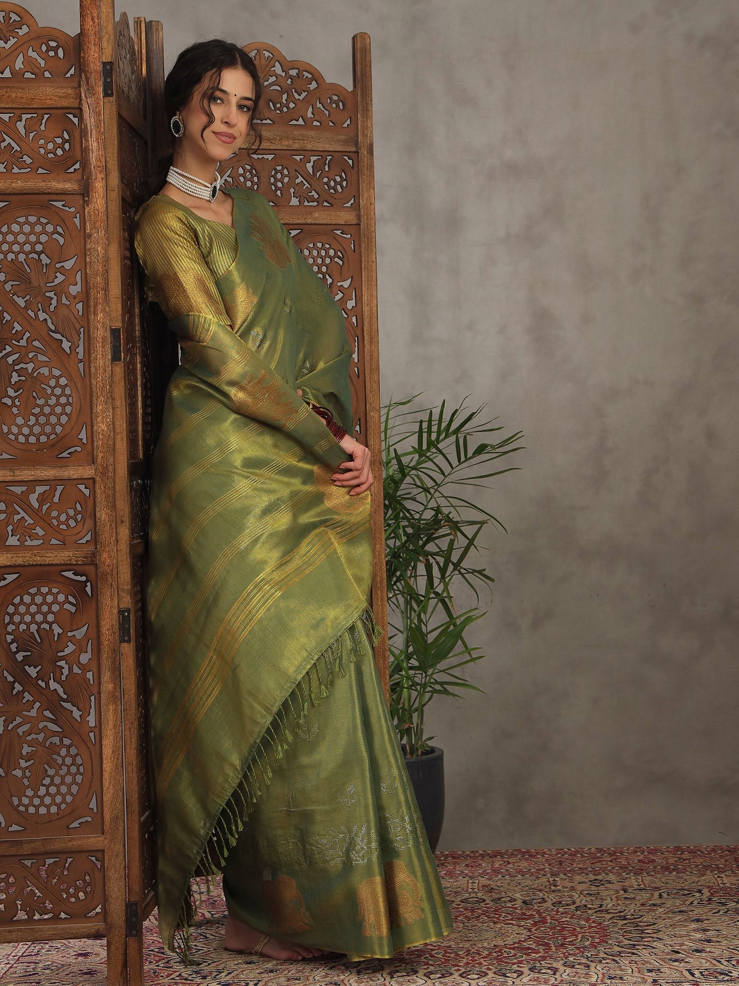 Green Banarasi Linen Woven Saree