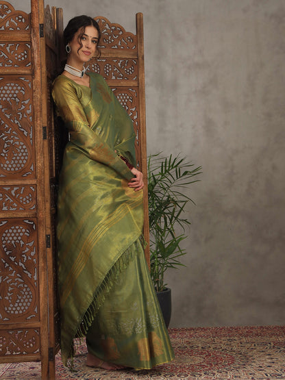 Green Banarasi Linen Woven Saree