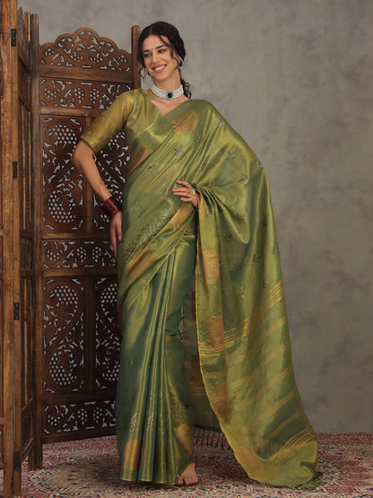Green Green Banarasi Linen Woven Saree