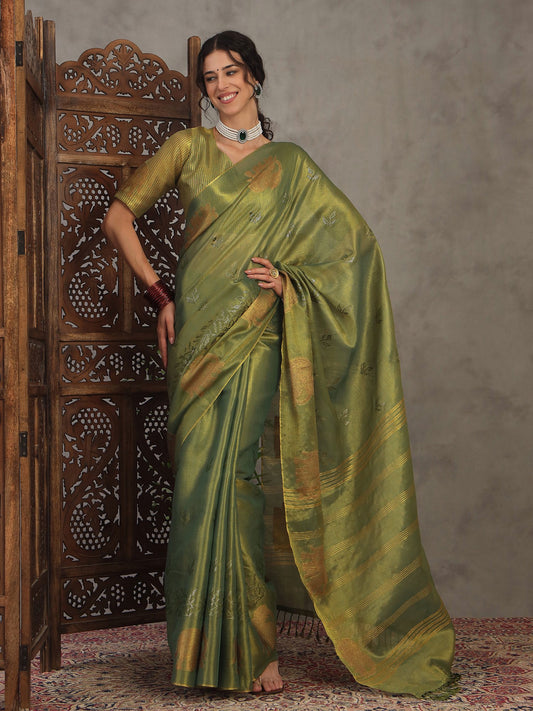Green Green Banarasi Linen Woven Saree