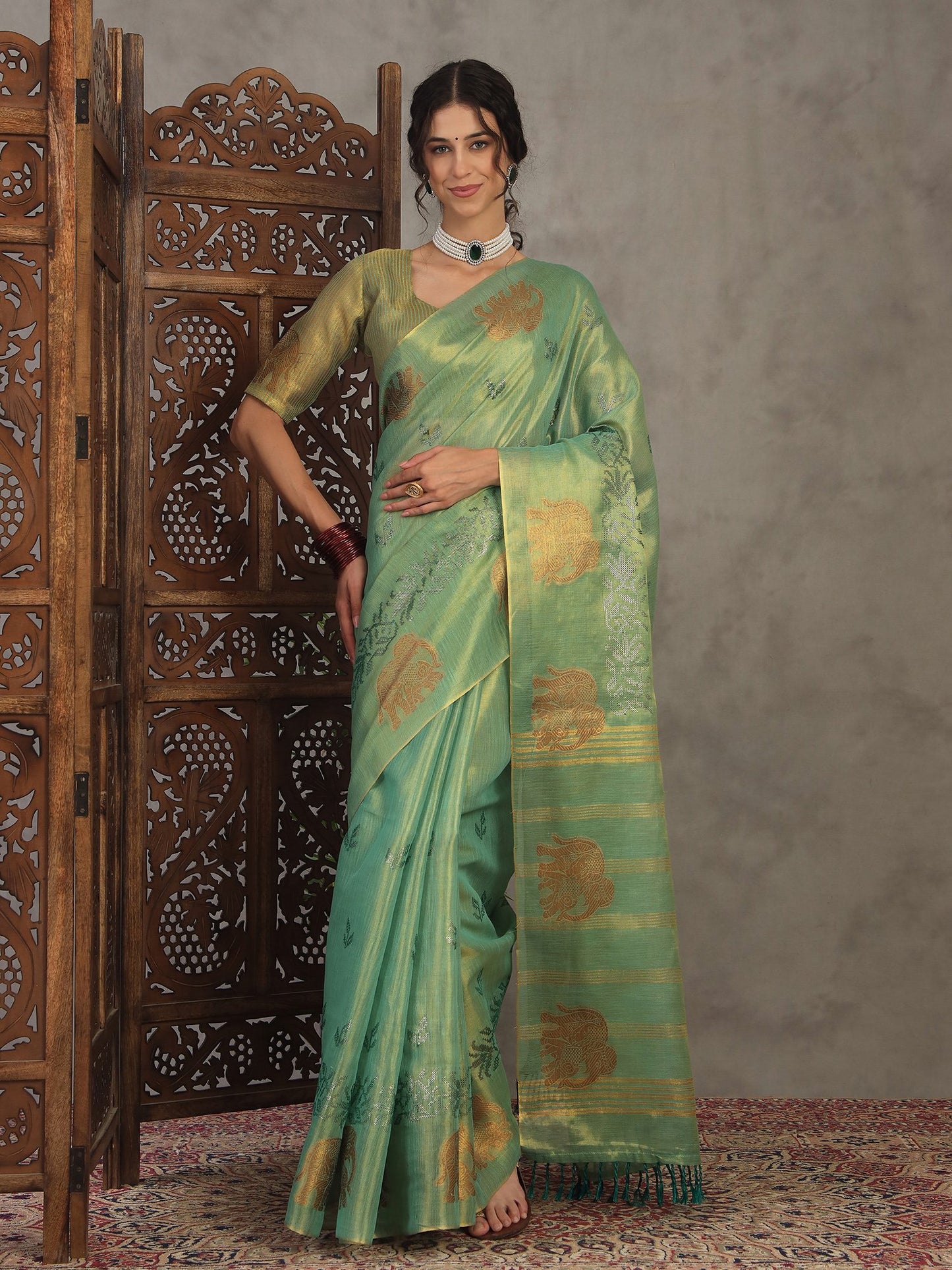 Green Light Banarasi Linen Woven Saree