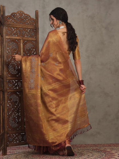 Gold Banarasi Linen Woven Saree