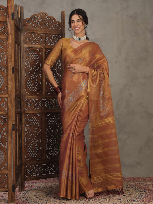 Brown Gold Banarasi Linen Woven Saree