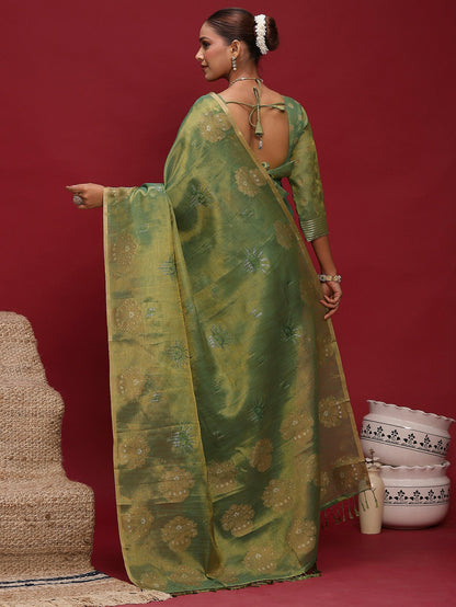 Green Banarasi Linen Woven Saree