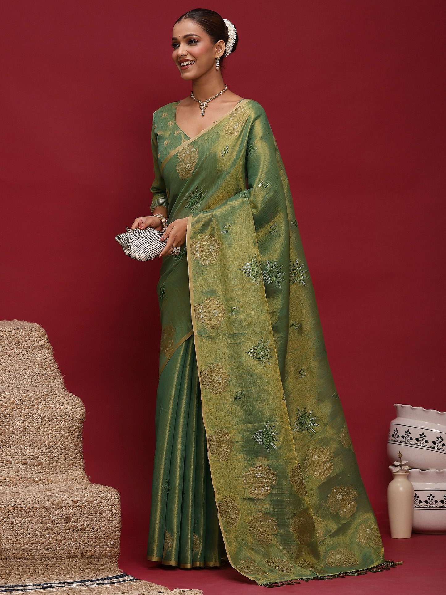 Green Banarasi Linen Woven Saree