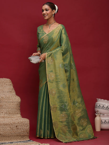 Green Banarasi Linen Woven Saree