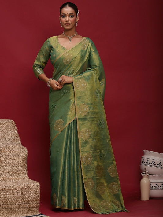 Green Green Banarasi Linen Woven Saree