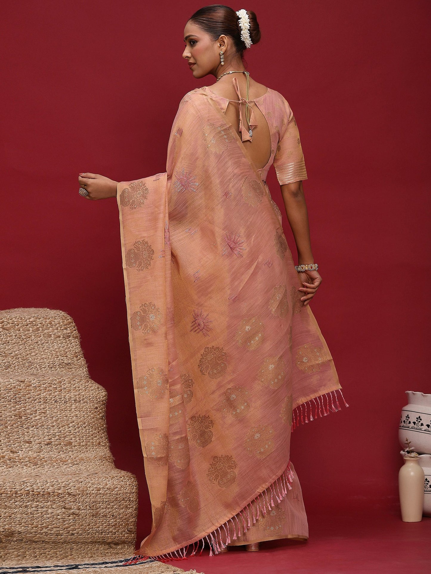 Pink Banarasi Linen Woven Saree