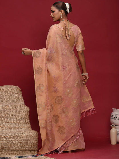 Pink Banarasi Linen Woven Saree