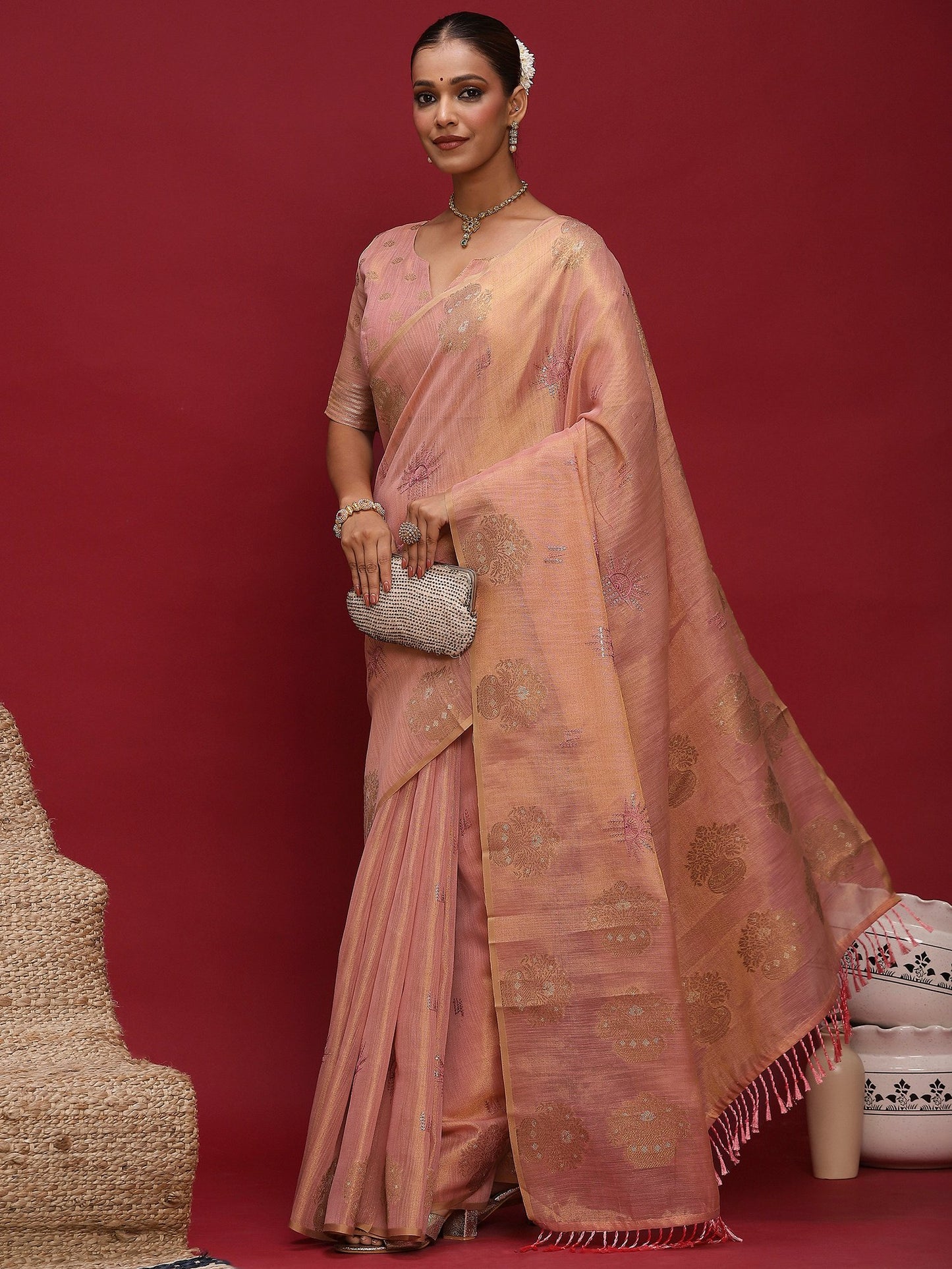 Pink Banarasi Linen Woven Saree