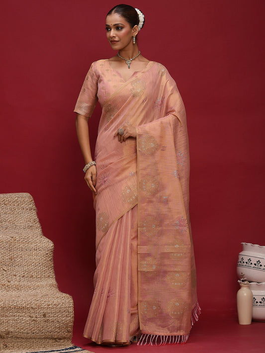 Pink Pink Banarasi Linen Woven Saree