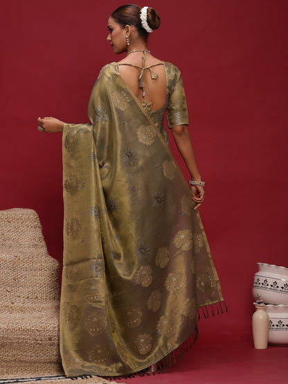 Green Banarasi Linen Woven Saree