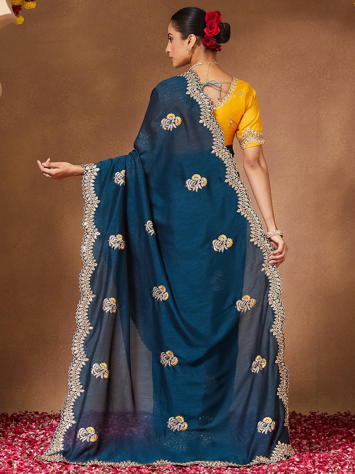 Teal Blue Party Wear Vichitra Silk Embellished Saree