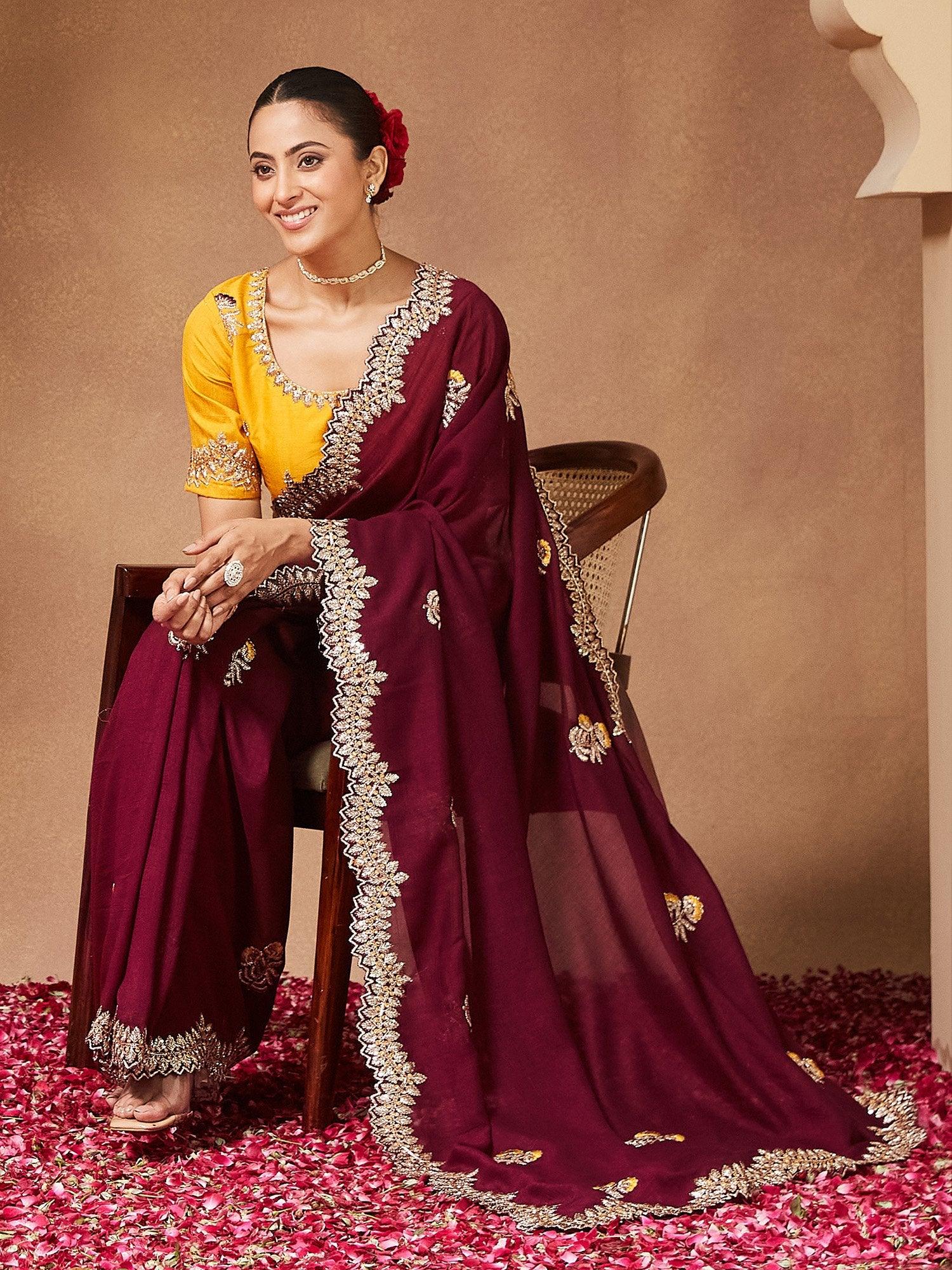 Maroon Party Wear Vichitra Silk Embellished Saree
