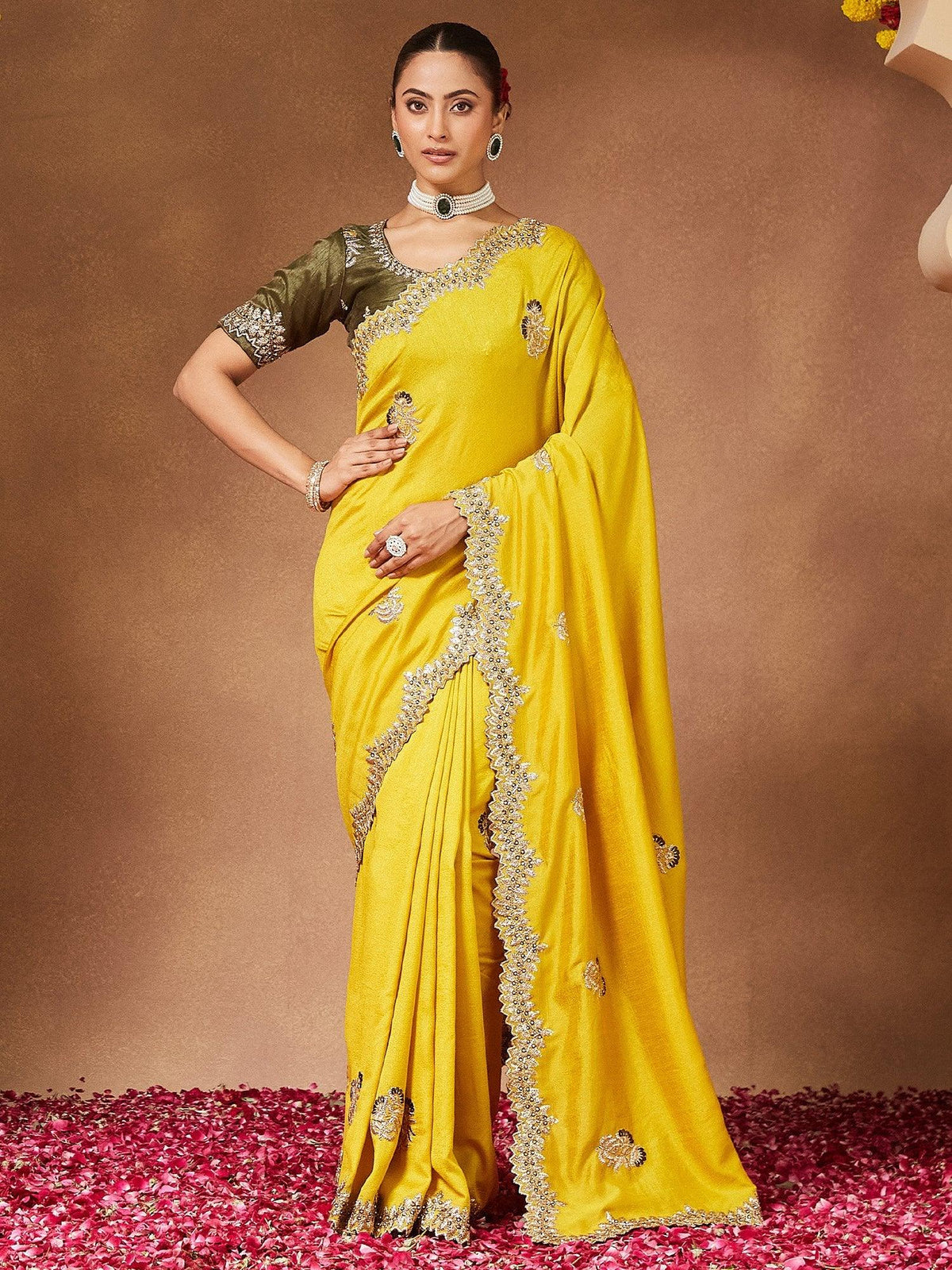 Yellow Lemon Party Wear Vichitra Silk Embellished Saree