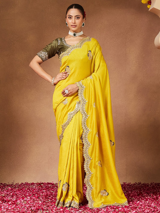 Yellow Lemon Party Wear Vichitra Silk Embellished Saree