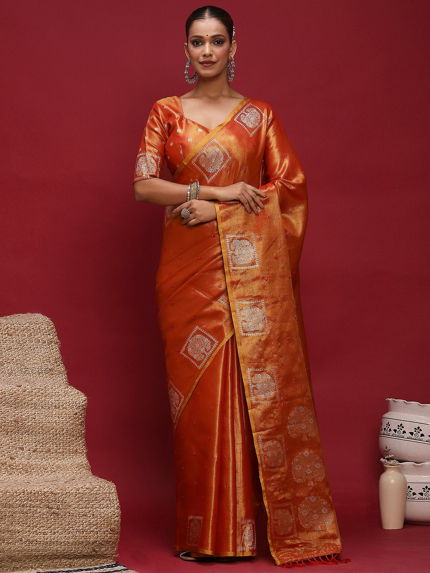 Red Red Tussar Linen Woven Saree