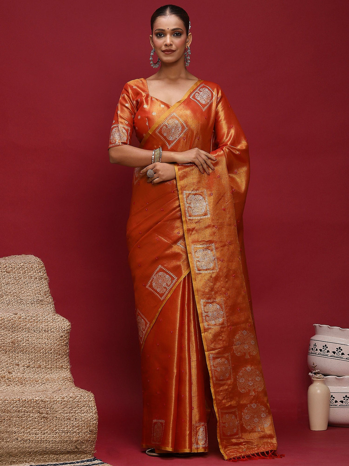 Red Red Tussar Linen Woven Saree