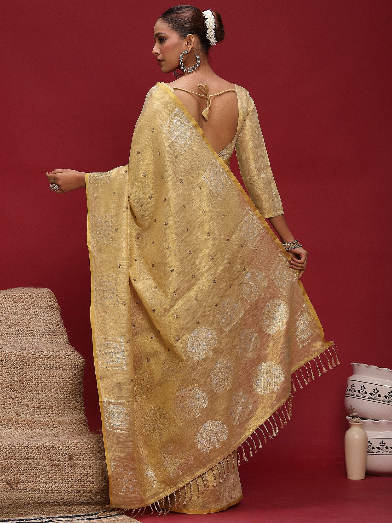 Cream Tussar Linen Woven Saree