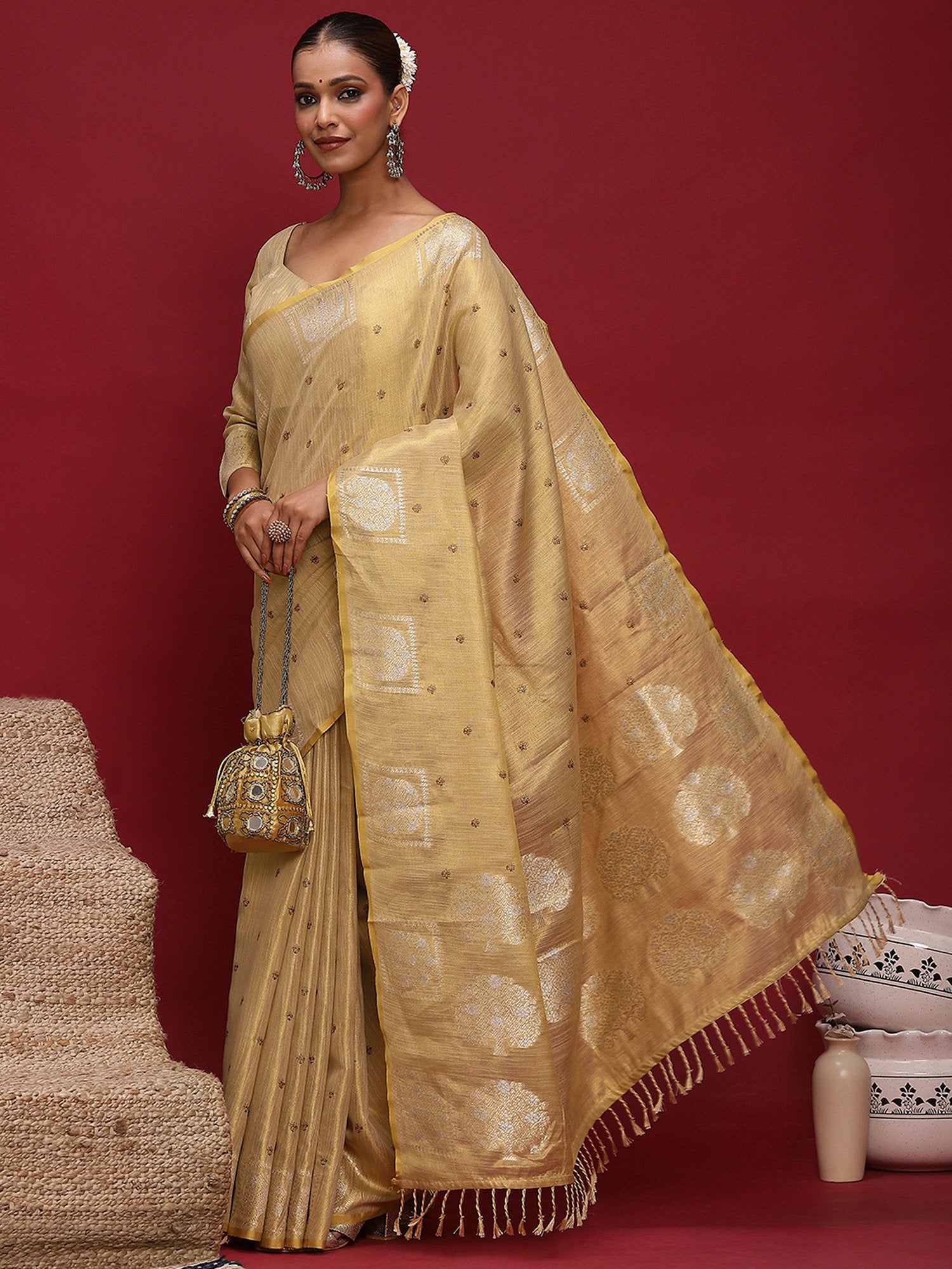 Cream Tussar Linen Woven Saree