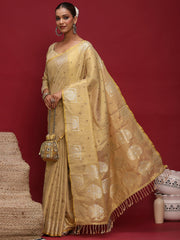 Cream Tussar Linen Woven Saree