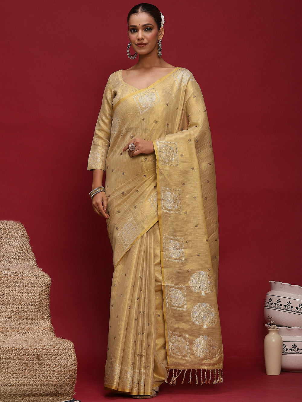 Golden Cream Tussar Linen Woven Saree
