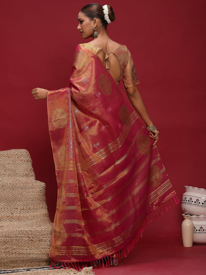 Pink Banarasi Linen Woven Saree