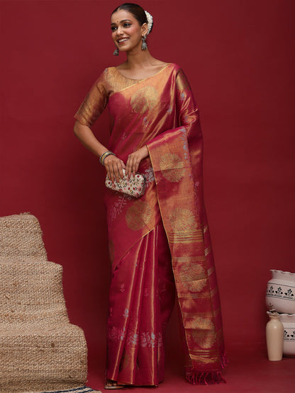 Pink Banarasi Linen Woven Saree