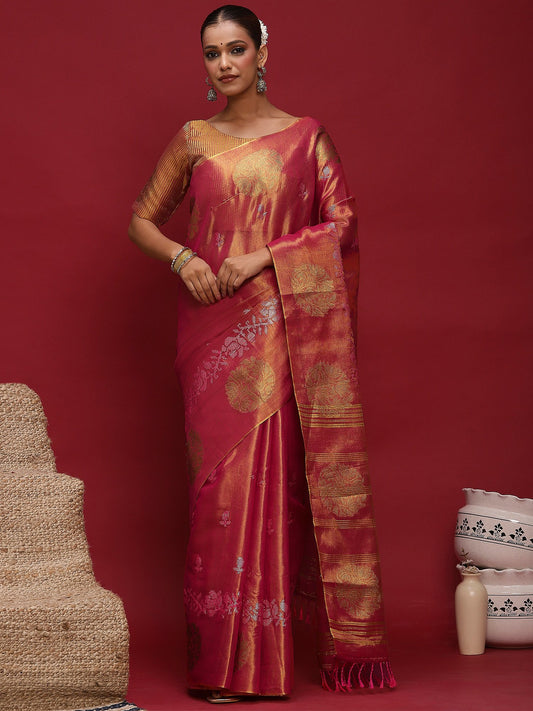 Pink Pink Banarasi Linen Woven Saree
