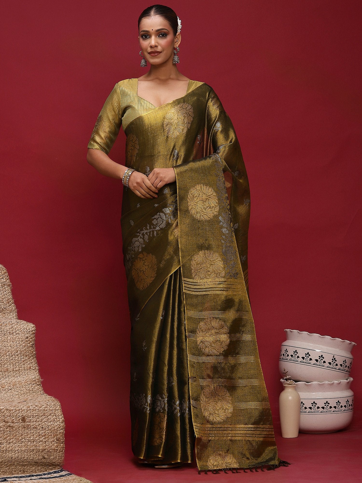 Green Green Banarasi Linen Woven Saree
