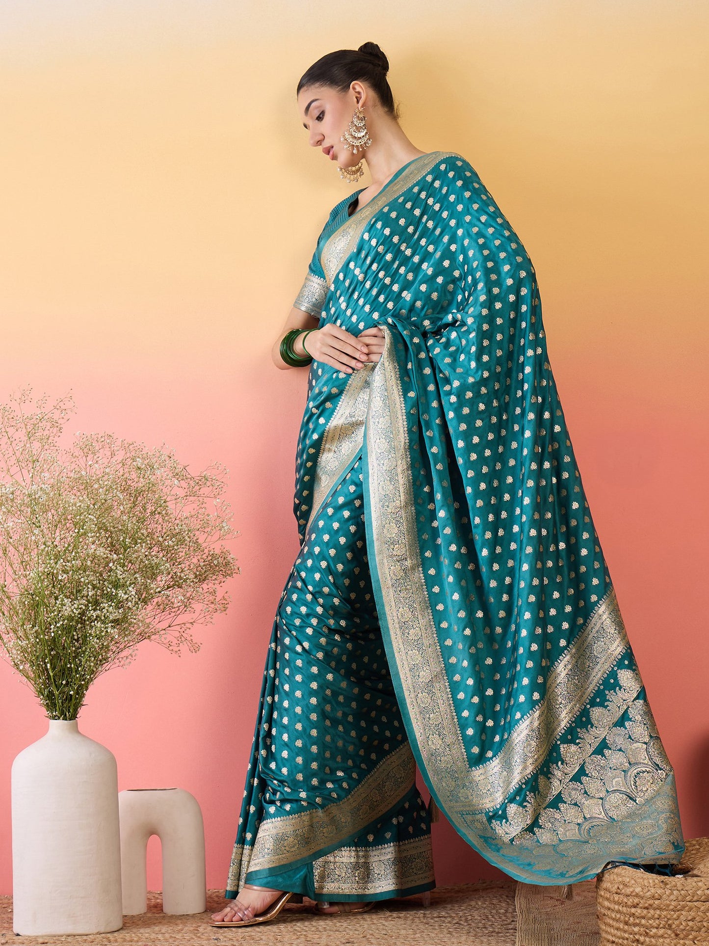Teal Banarasi Satin Silk Woven Saree