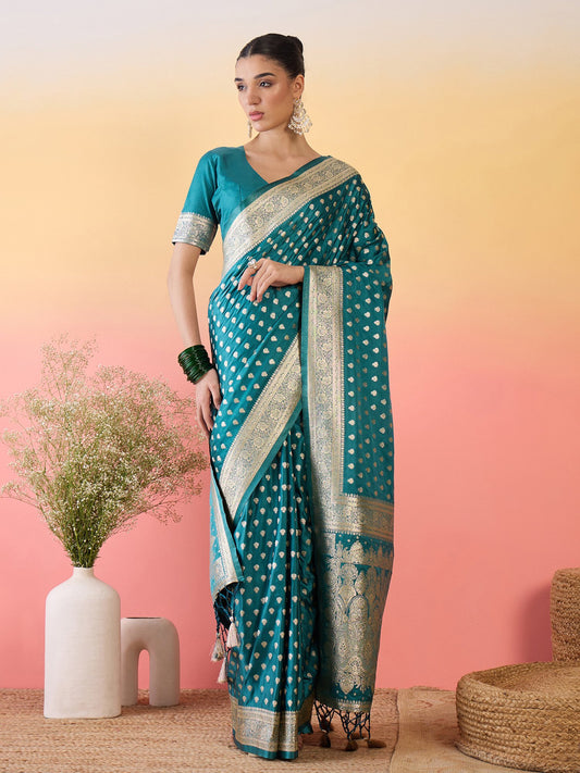 Blue Teal Banarasi Satin Silk Woven Saree