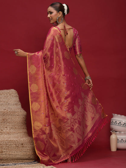 Pink Banarasi Linen Woven Saree