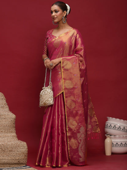 Pink Banarasi Linen Woven Saree