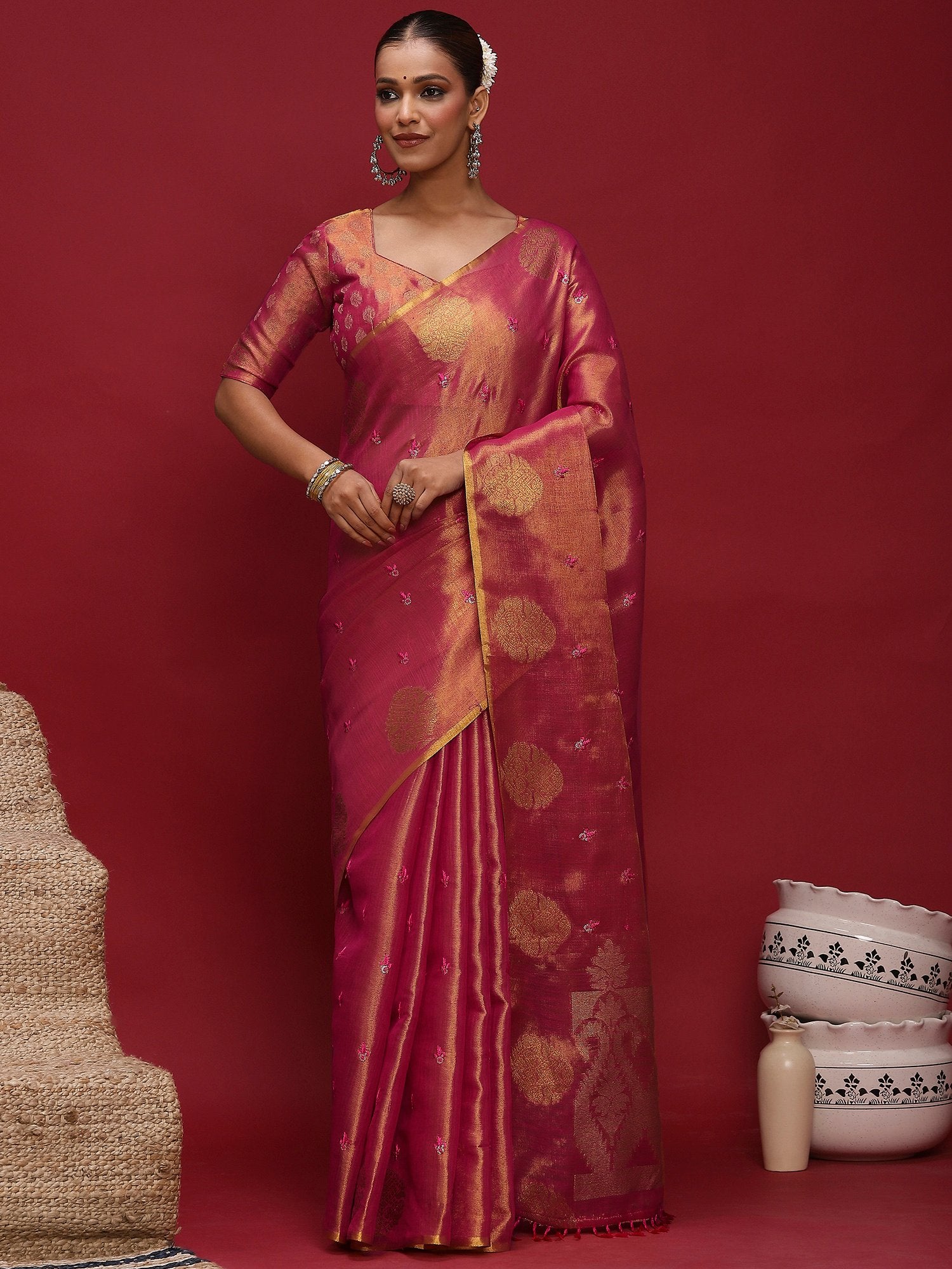 Pink Pink Banarasi Linen Woven Saree