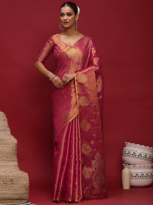 Pink Pink Banarasi Linen Woven Saree