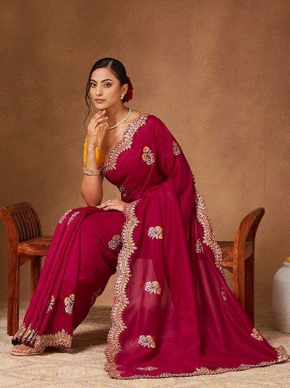 Pink Party Wear Vichitra Silk Embellished Saree