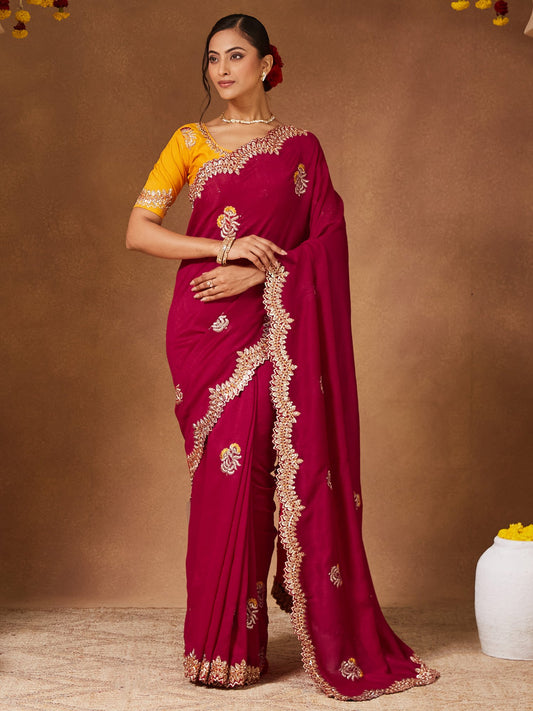 Pink Pink Party Wear Vichitra Silk Embellished Saree